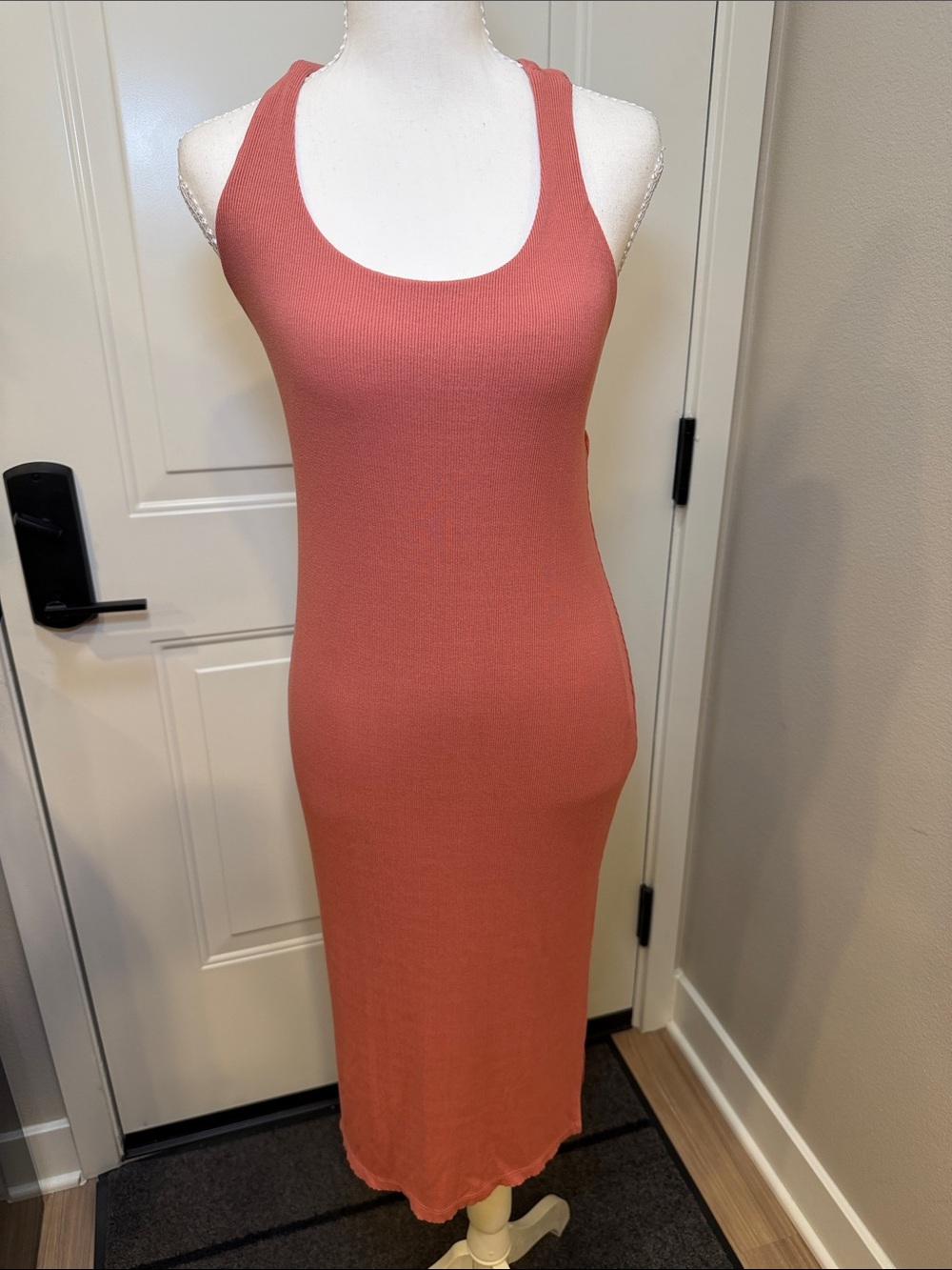 Ribbed Scoop Neck Tank Midi Dress in Coral Rust